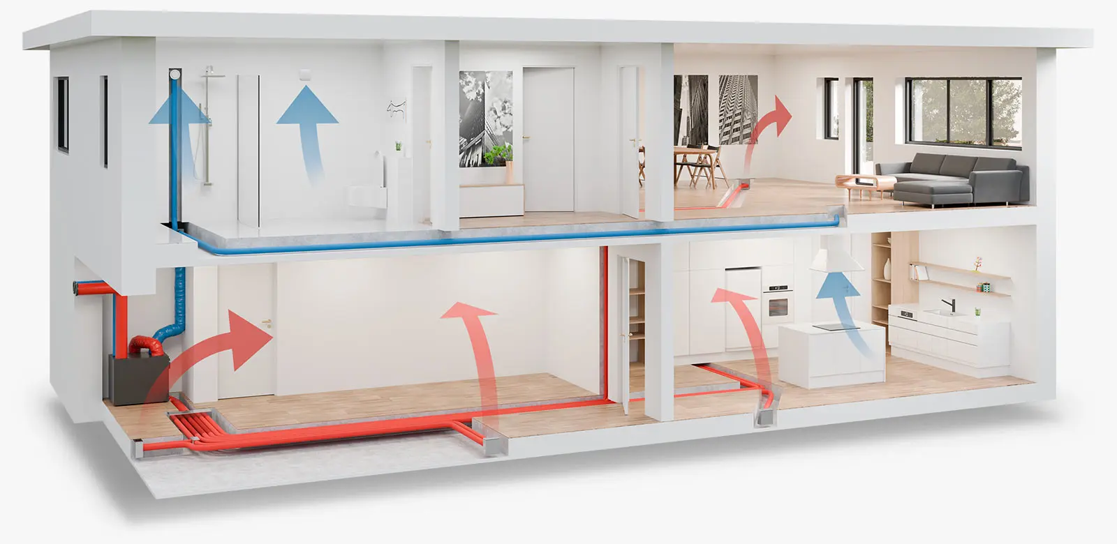 gennemskåret hus der viser ventilationsanlæg i 3D