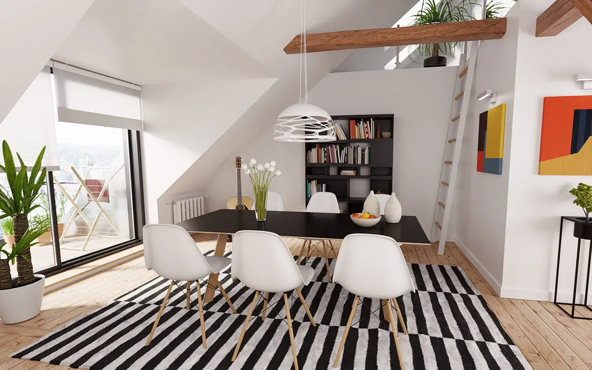 3D interiør visualisering af moderne lejlighed med møbler og lysindfald