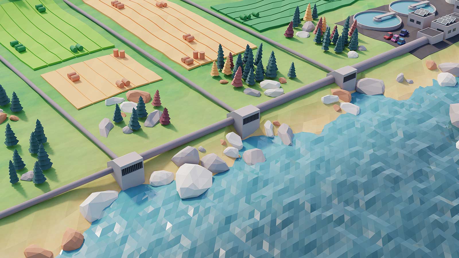 Teknisk 3D-animation af renseanlæg med overløbsbygværk. Illustration af kontrolleret overløb til recipient (havet) ved ekstreme regnhændelser.