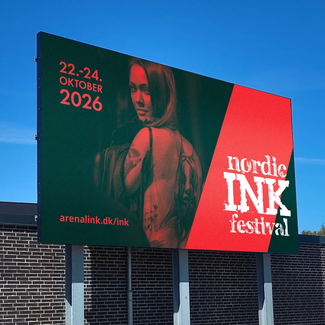 Digitalt skærmdisplay for Nordic Ink Festival ved Arena Nord i Frederikshavn