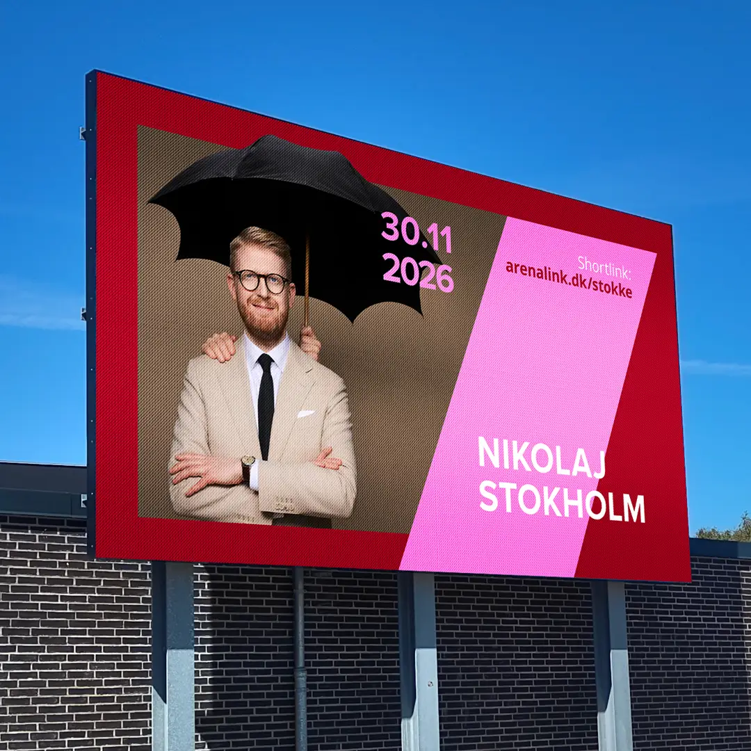 Storskærmsreklame for Nikolaj Stokholm oneman-show ved Arena Nord i Frederikshavn
