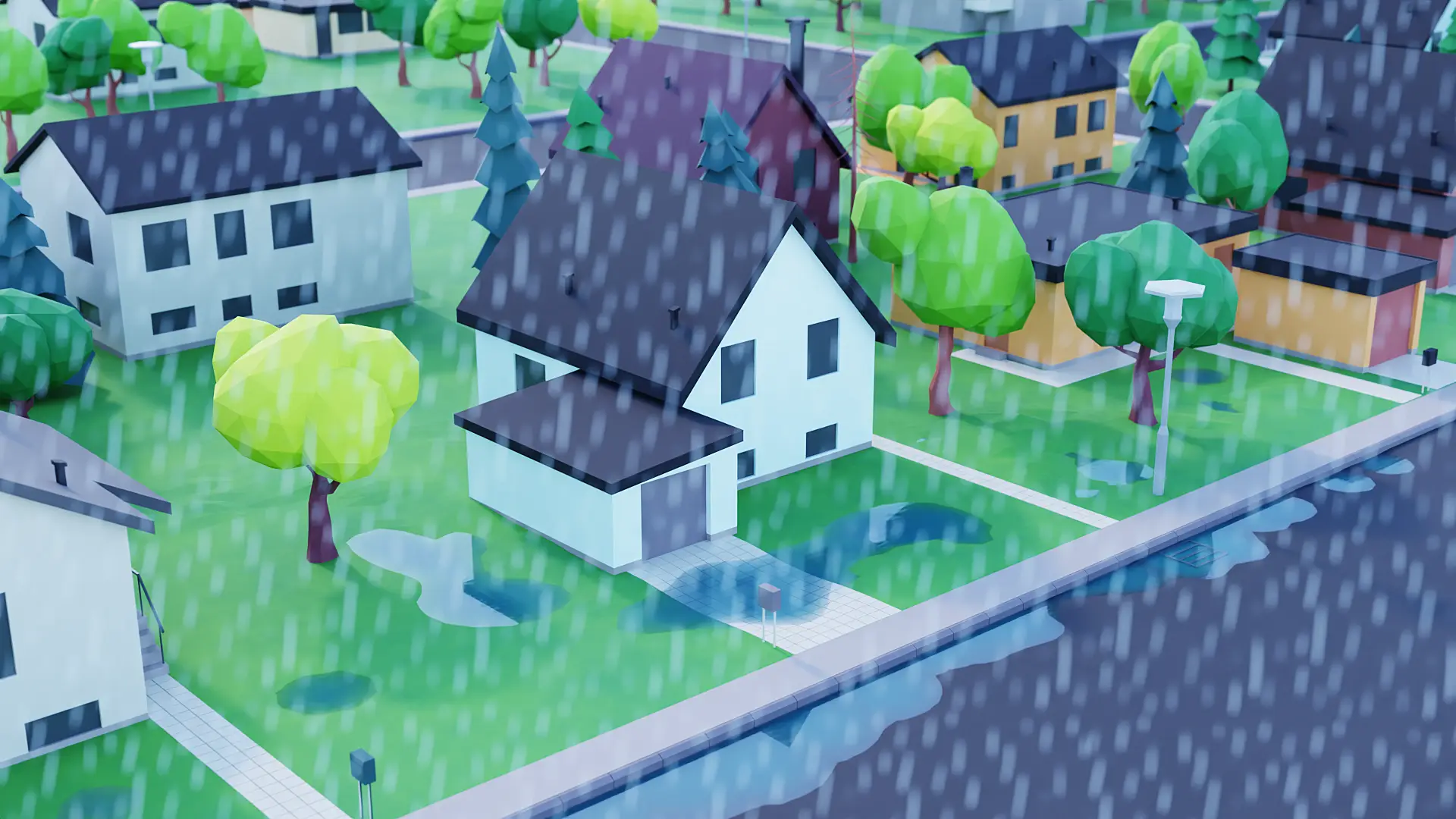 Teknisk 3D-visualisering i low poly stil af et villakvarter under skybrud. Billedet viser oversvømmede haver og indkørsler samt en kloakrist, der er dækket af vand (overløb), som illustration af udfordringer ved klimatilpasning.