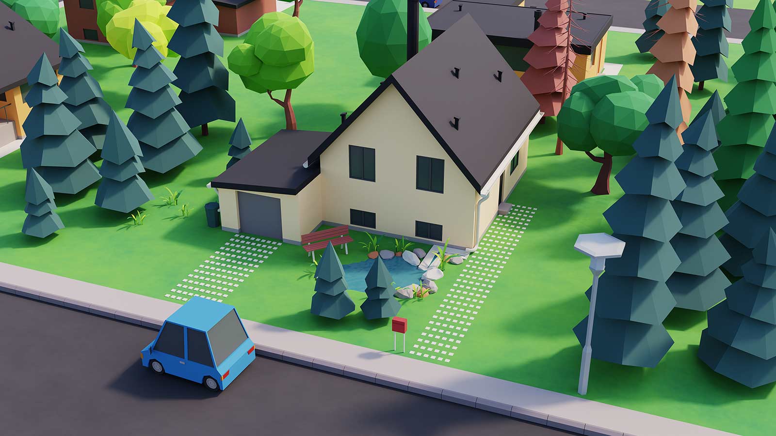 D Low Poly illustration af LAR-løsning. Visning af nedsivning af regnvand i regnvandsbed og faskine som alternativ til kloaktilslutning af tagrender.
