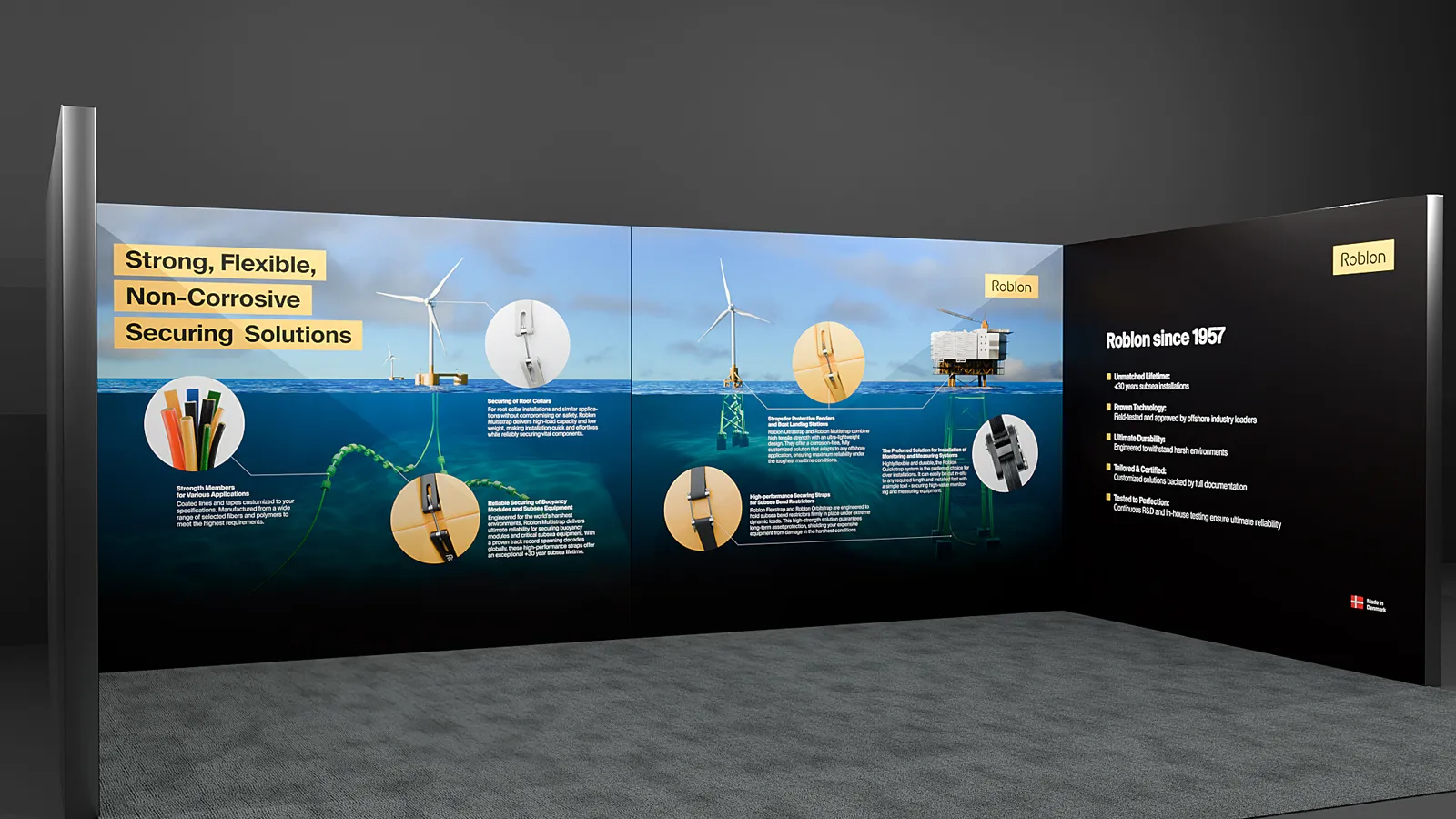 3d rendering af messestand setup for roblon