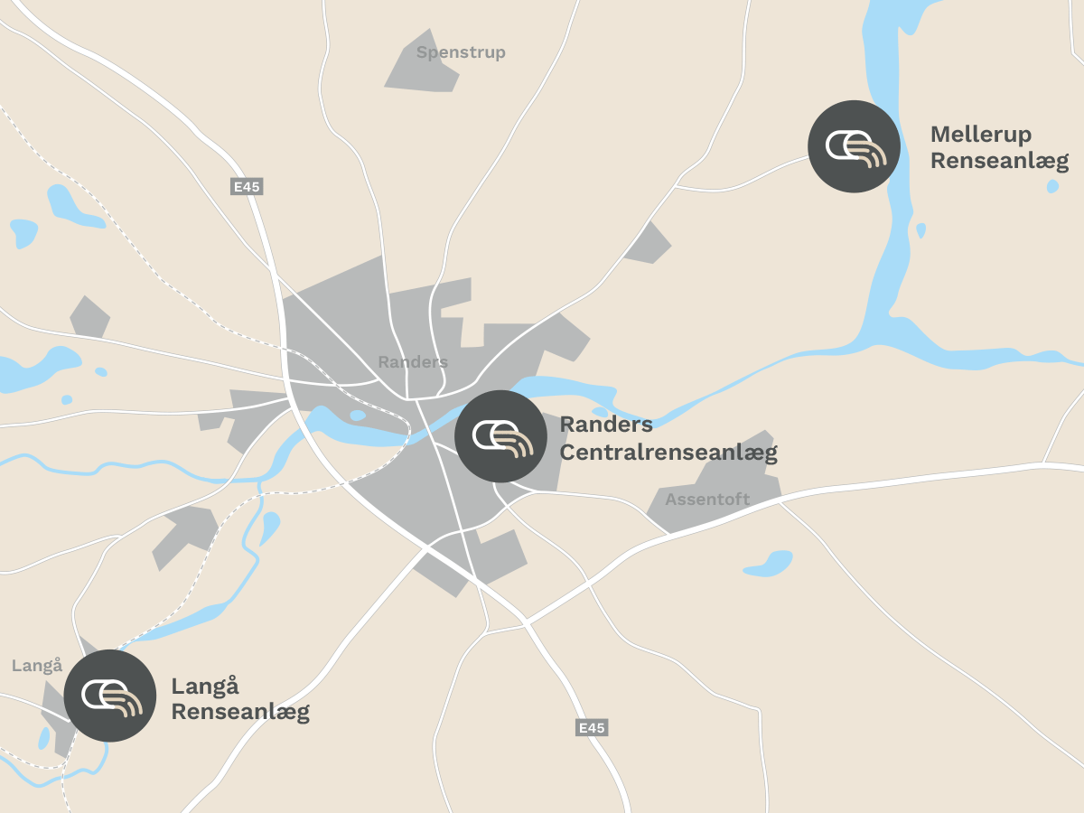 tegnet kort over renseanlæg til Vandmiljø Randers
