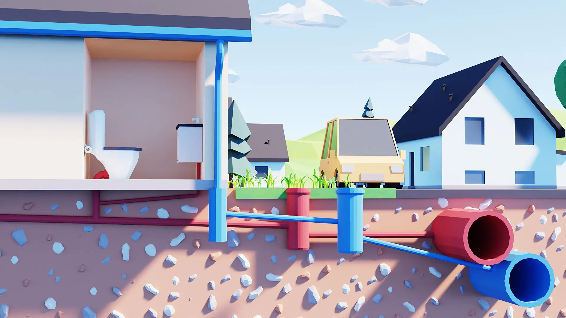 3D visualisering af separatkloakering og regnvandshåndtering, kloak med spildevand farvet rød og kloak med regnvand farvet blå - low poly stil
