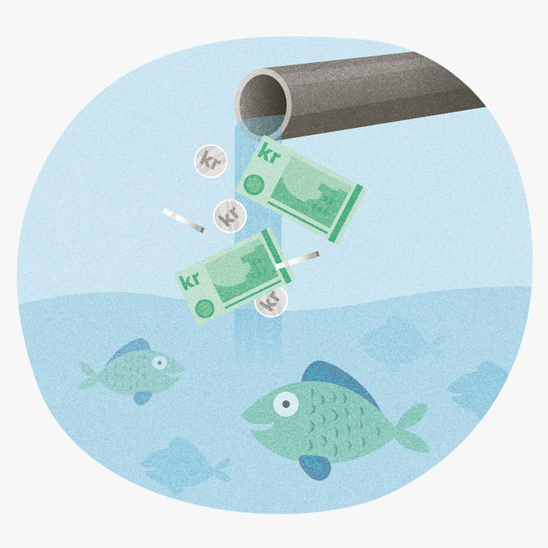 illustration af vandmiljø med fisk og penge
